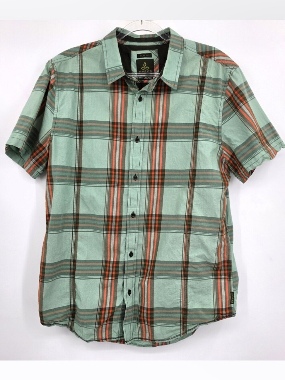 Prana Lukas Slim Fit Button Front Shirt Large Aqua Orange Plaid Short Sleeve